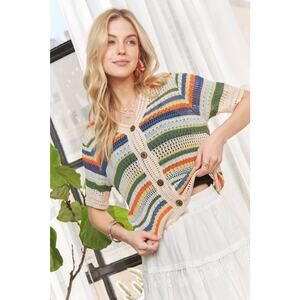 "Angie" Striped Button Up Cardigan Sweater Beige Navy